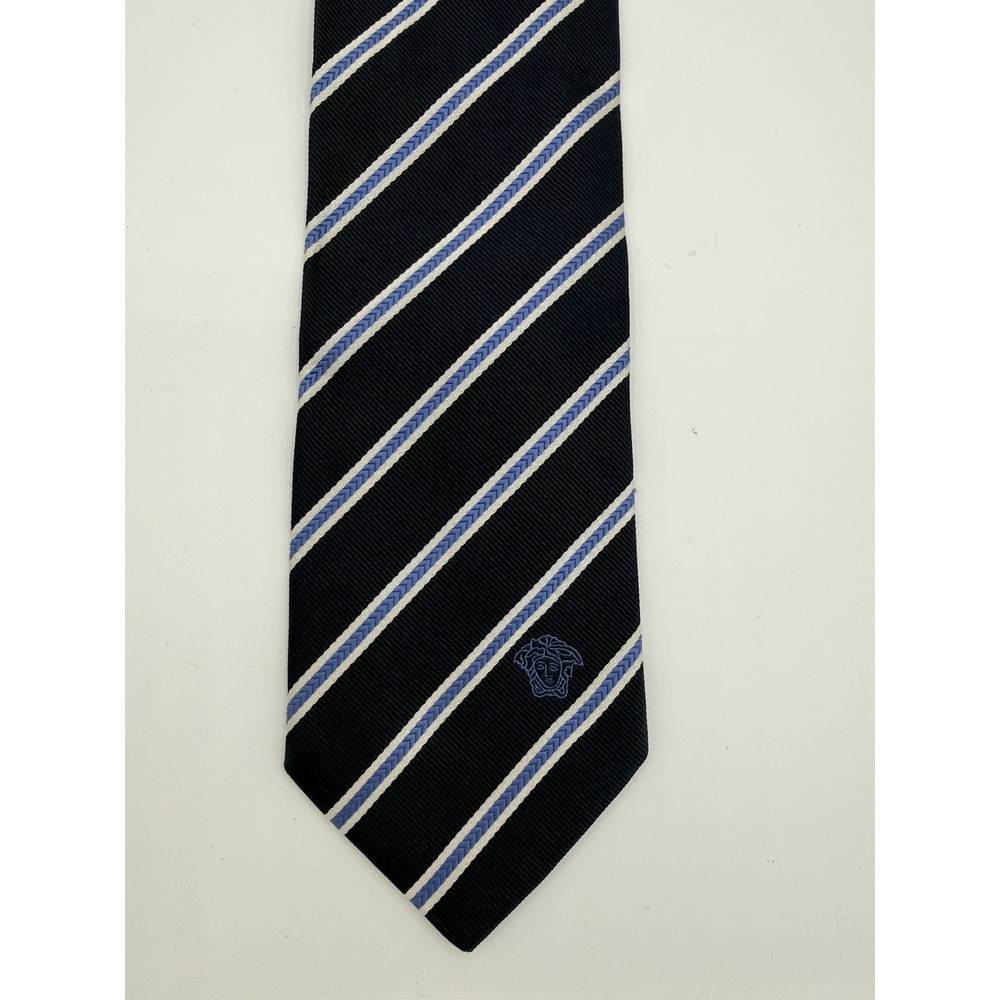 Versace NWT Mens Silk Tie Necktie Navy Blue Stripe Medusa Designer Italy 60x3.5